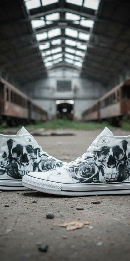 Men's Cartoon Skulls & Roses Black & White high-top canvas shoes, custom full-wrap printed design — Freaky Shoes
