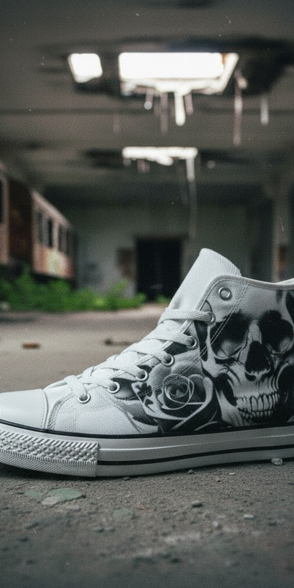 Men's Cartoon Skulls & Roses Black & White hand-made high-top canvas shoes — unique wearable art by Freaky Shoes