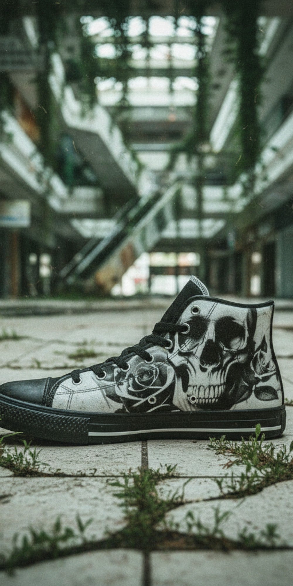 Men's Cartoon Skulls & Roses Black & White high-top canvas shoes, custom full-wrap printed design — Freaky Shoes