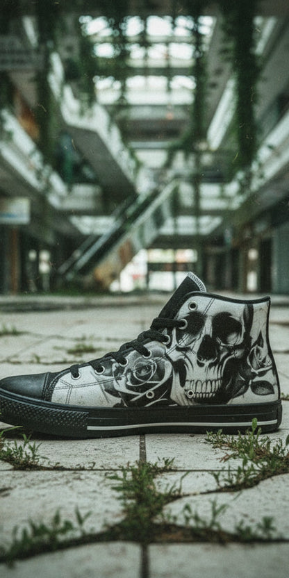 Men's Cartoon Skulls & Roses Black & White high-top canvas shoes, custom full-wrap printed design — Freaky Shoes