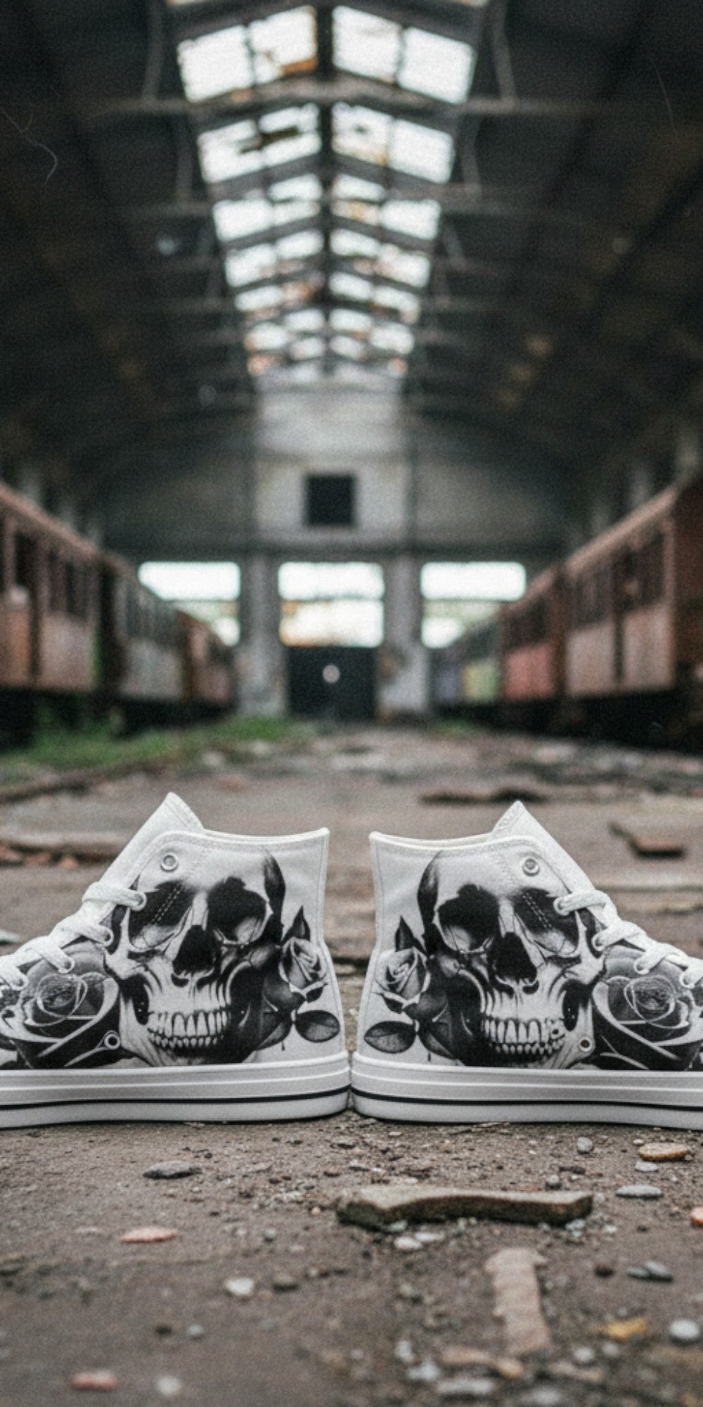 Men's Cartoon Skulls & Roses Black & White high-top canvas shoes — one-of-a-kind custom printed art, Freaky Shoes
