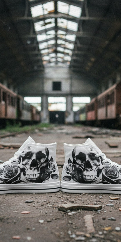 Men's Cartoon Skulls & Roses Black & White high-top canvas shoes — one-of-a-kind custom printed art, Freaky Shoes