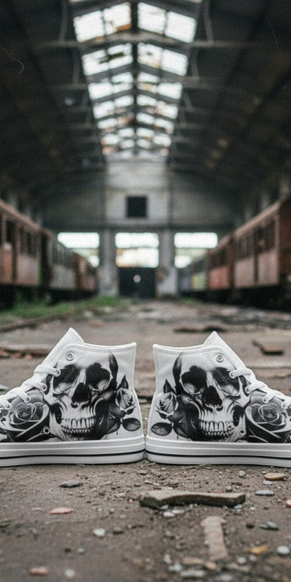 Men's Cartoon Skulls & Roses Black & White high-top canvas shoes — one-of-a-kind custom printed art, Freaky Shoes