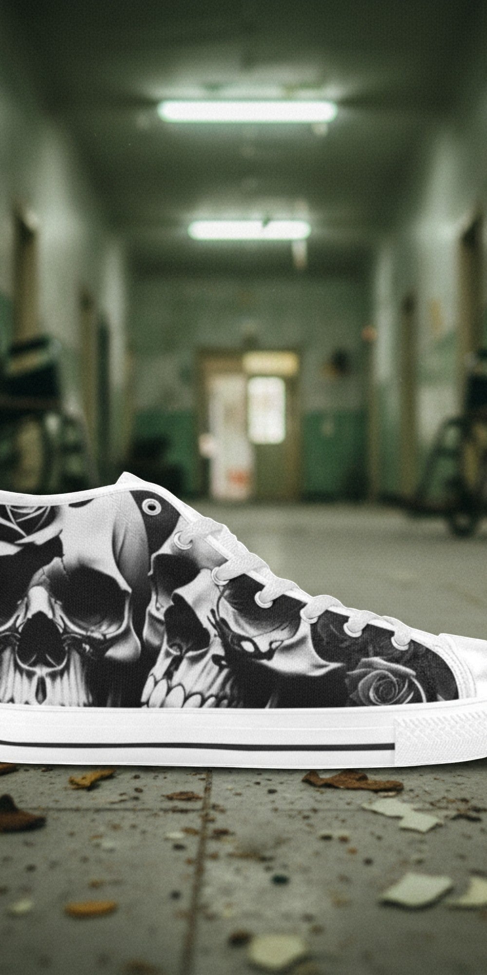 Men's Greyscale Skulls & Roses Black & White hand-made high-top canvas shoes — unique wearable art by Freaky Shoes