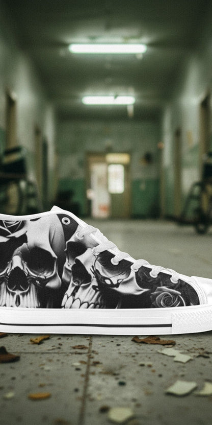 Men's Greyscale Skulls & Roses Black & White hand-made high-top canvas shoes — unique wearable art by Freaky Shoes
