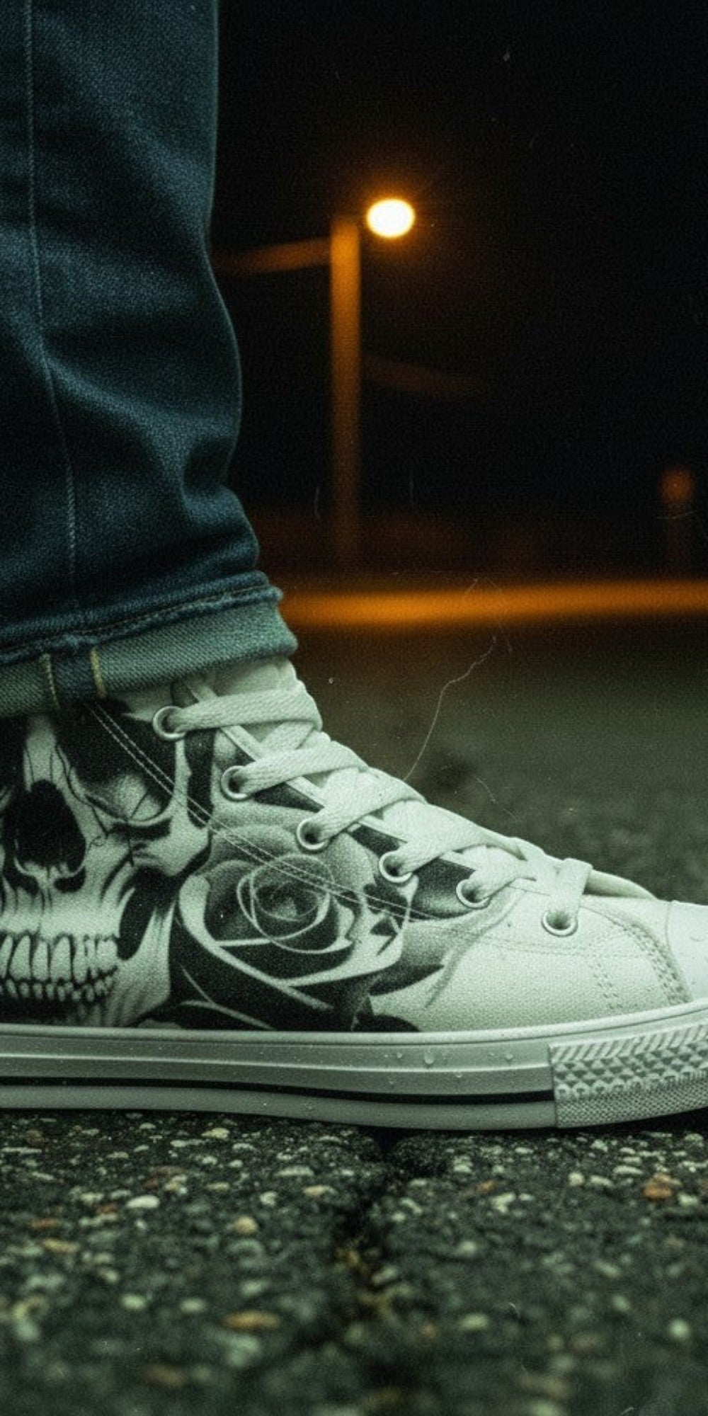 Men's Cartoon Skulls & Roses Black & White high-top canvas shoes — one-of-a-kind custom printed art, Freaky Shoes