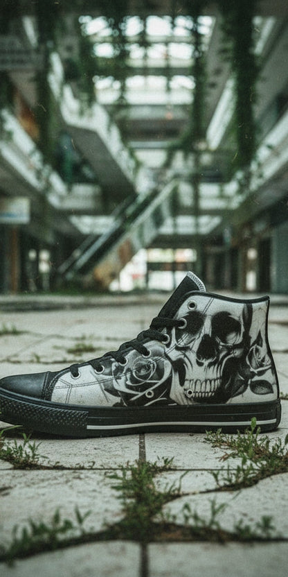 Men's Cartoon Skulls & Roses Black & White high-top canvas shoes, custom full-wrap printed design — Freaky Shoes