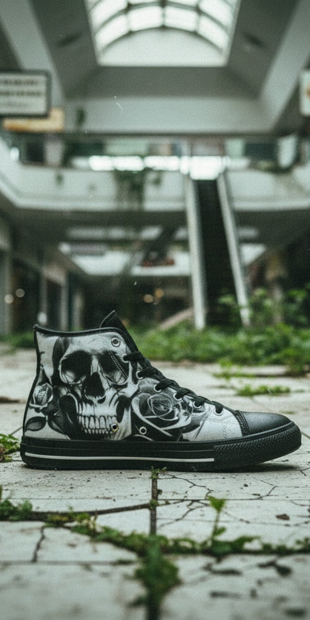 Men's Cartoon Skulls & Roses Black & White high-top canvas shoes, custom full-wrap printed design — Freaky Shoes