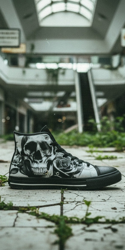 Men's Cartoon Skulls & Roses Black & White high-top canvas shoes, custom full-wrap printed design — Freaky Shoes