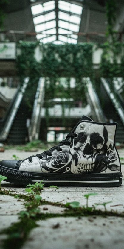 Custom Men's Cartoon Skulls & Roses Black & White high-top canvas shoes with bold all-over art — Freaky Shoes