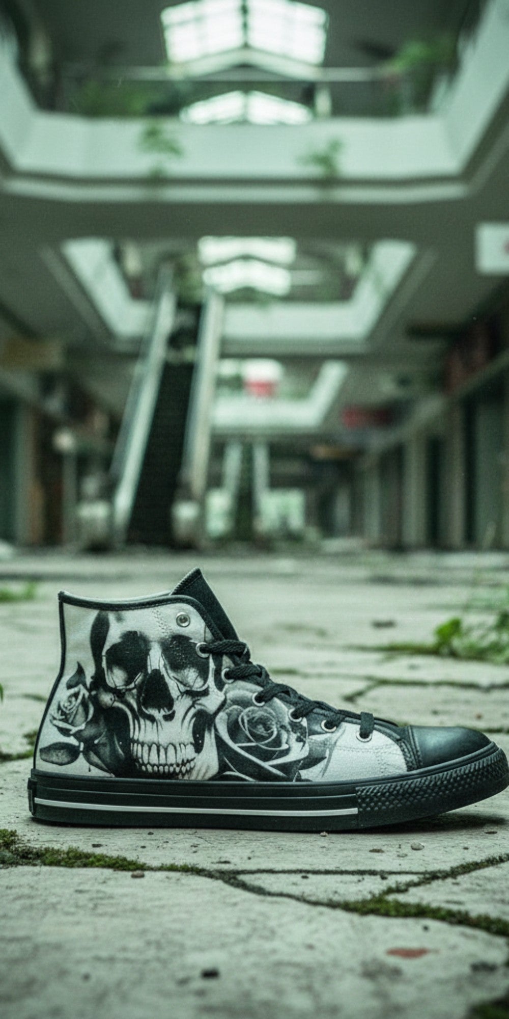 Men's Cartoon Skulls & Roses Black & White hand-made high-top canvas shoes — unique wearable art by Freaky Shoes