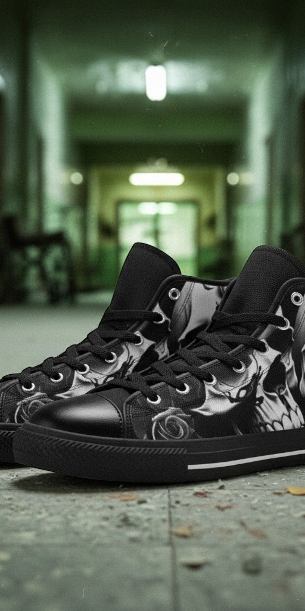 Men's Greyscale Skulls & Roses Black & White high-top canvas shoes — one-of-a-kind custom printed art, Freaky Shoes