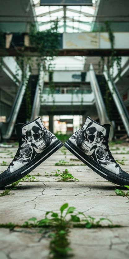 Men's Cartoon Skulls & Roses Black & White high-top canvas shoes — one-of-a-kind custom printed art, Freaky Shoes