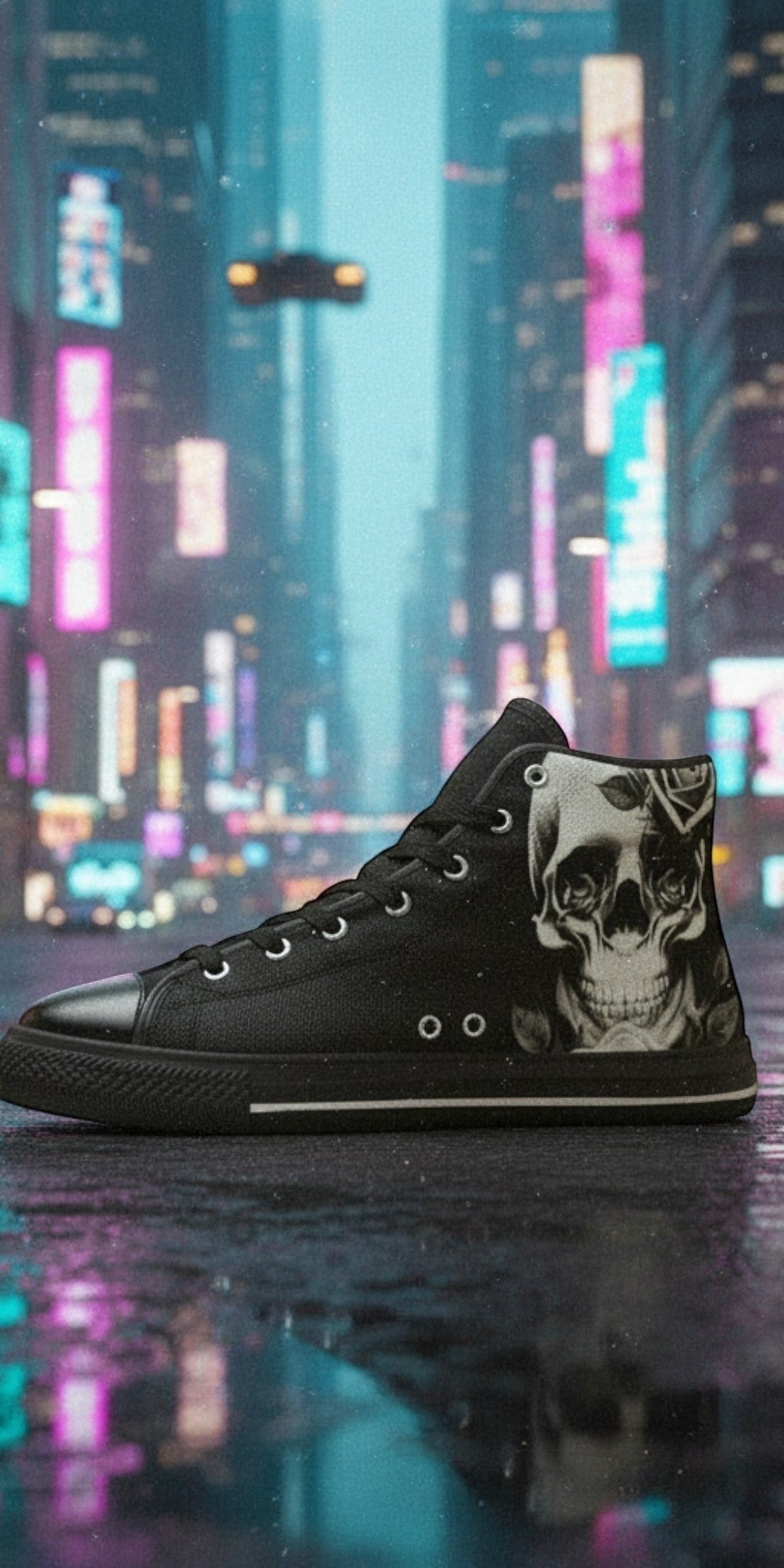 Men's Cartoon Skulls & Roses Black high-top canvas shoes, custom full-wrap printed design — Freaky Shoes