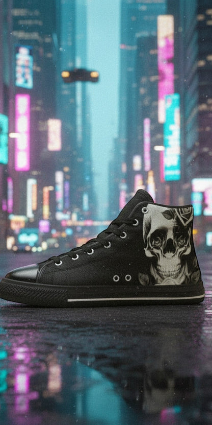 Men's Cartoon Skulls & Roses Black high-top canvas shoes, custom full-wrap printed design — Freaky Shoes