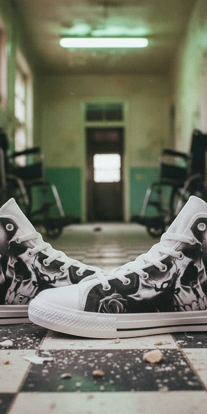 Custom Men's Greyscale Skulls & Roses Black & White high-top canvas shoes with bold all-over art — Freaky Shoes