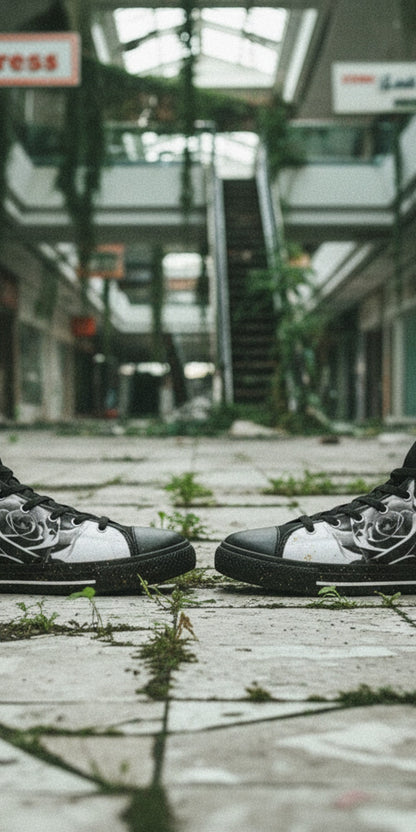 Men's Cartoon Skulls & Roses Black & White hand-made high-top canvas shoes — unique wearable art by Freaky Shoes