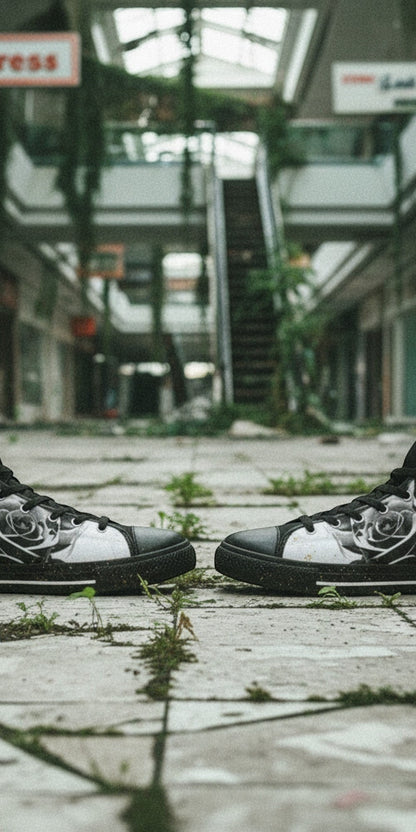 Men's Cartoon Skulls & Roses Black & White hand-made high-top canvas shoes — unique wearable art by Freaky Shoes