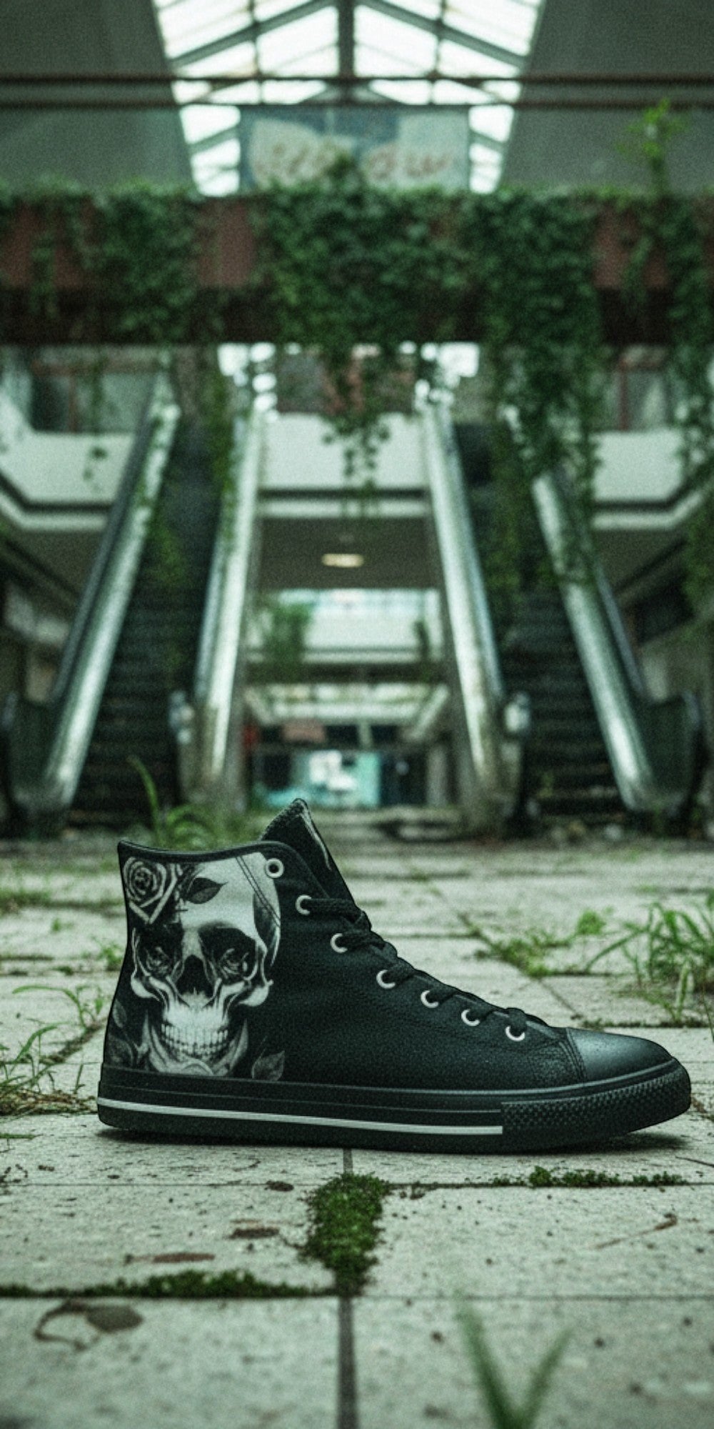 Women's Cartoon Skulls & Roses Black high-top canvas shoes — one-of-a-kind custom printed art, Freaky Shoes