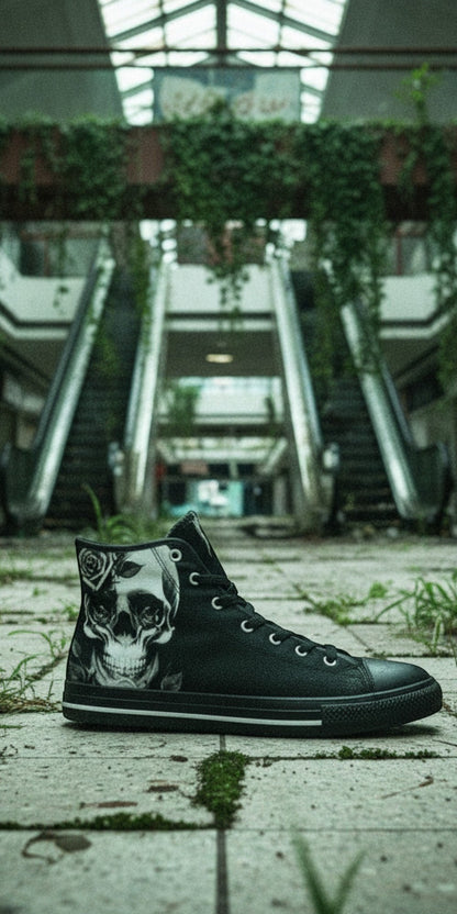 Women's Cartoon Skulls & Roses Black high-top canvas shoes — one-of-a-kind custom printed art, Freaky Shoes