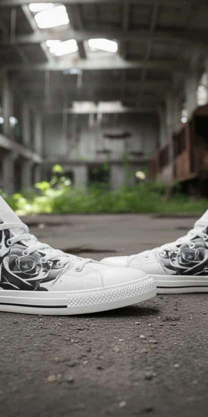 Men's Cartoon Skulls & Roses Black & White high-top canvas shoes, custom full-wrap printed design — Freaky Shoes