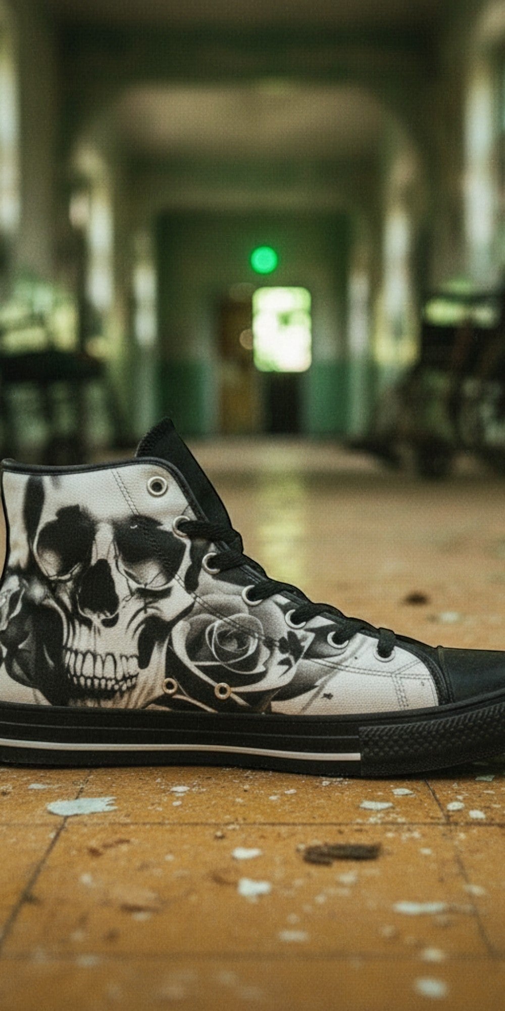 Custom Women's Cartoon Skulls & Roses Black & White high-top canvas shoes with bold all-over art — Freaky Shoes