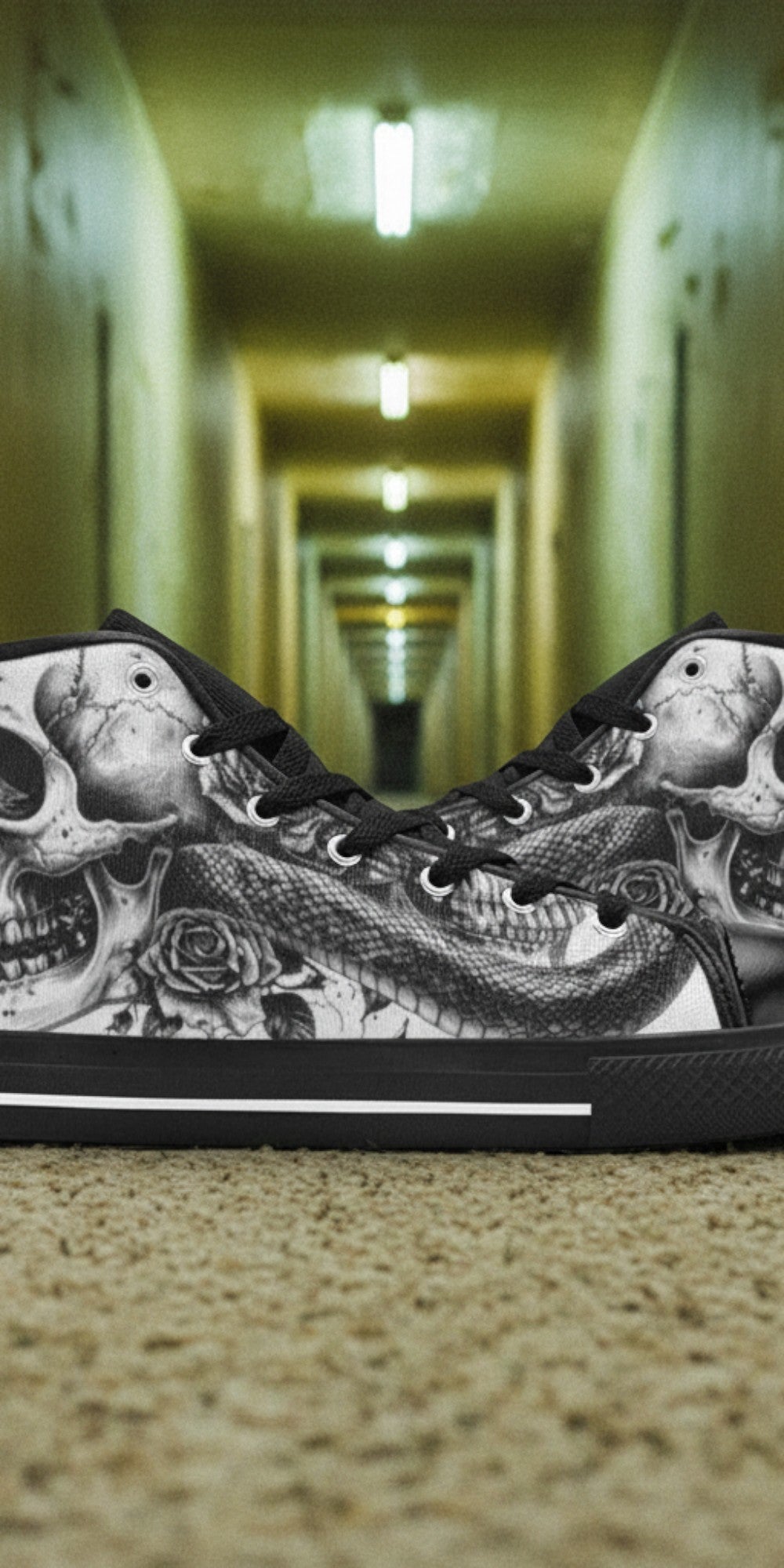 Men's Grey Skull Goth Dark high-top canvas shoes — one-of-a-kind custom printed art, Freaky Shoes