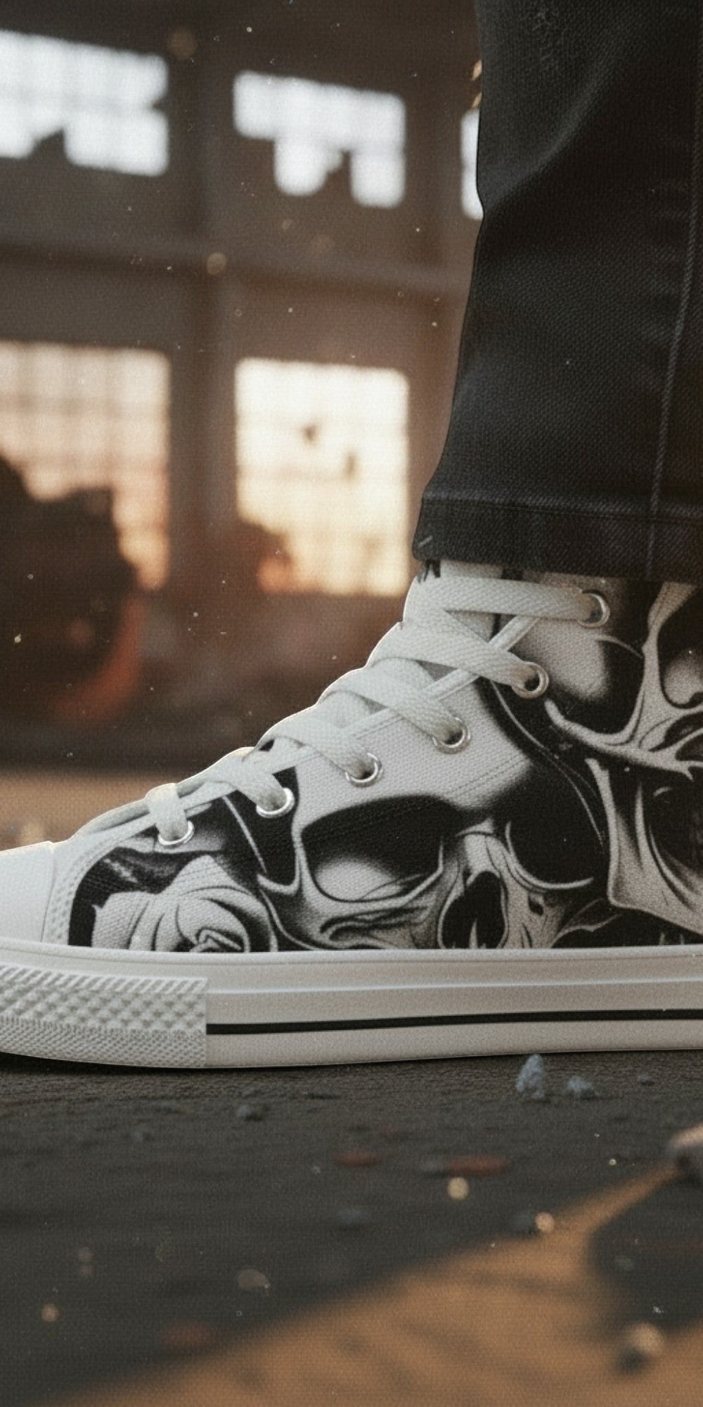Women's Cartoon Skulls & Roses high-top canvas shoes — one-of-a-kind custom printed art, Freaky Shoes