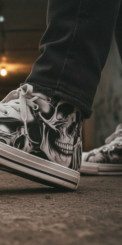 Women's Cartoon Skulls & Roses high-top canvas shoes — one-of-a-kind custom printed art, Freaky Shoes