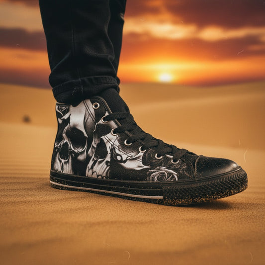 Freaky Shoes® women's high-top canvas sneakers featuring a grey skull and rose print in a desert sunset setting.