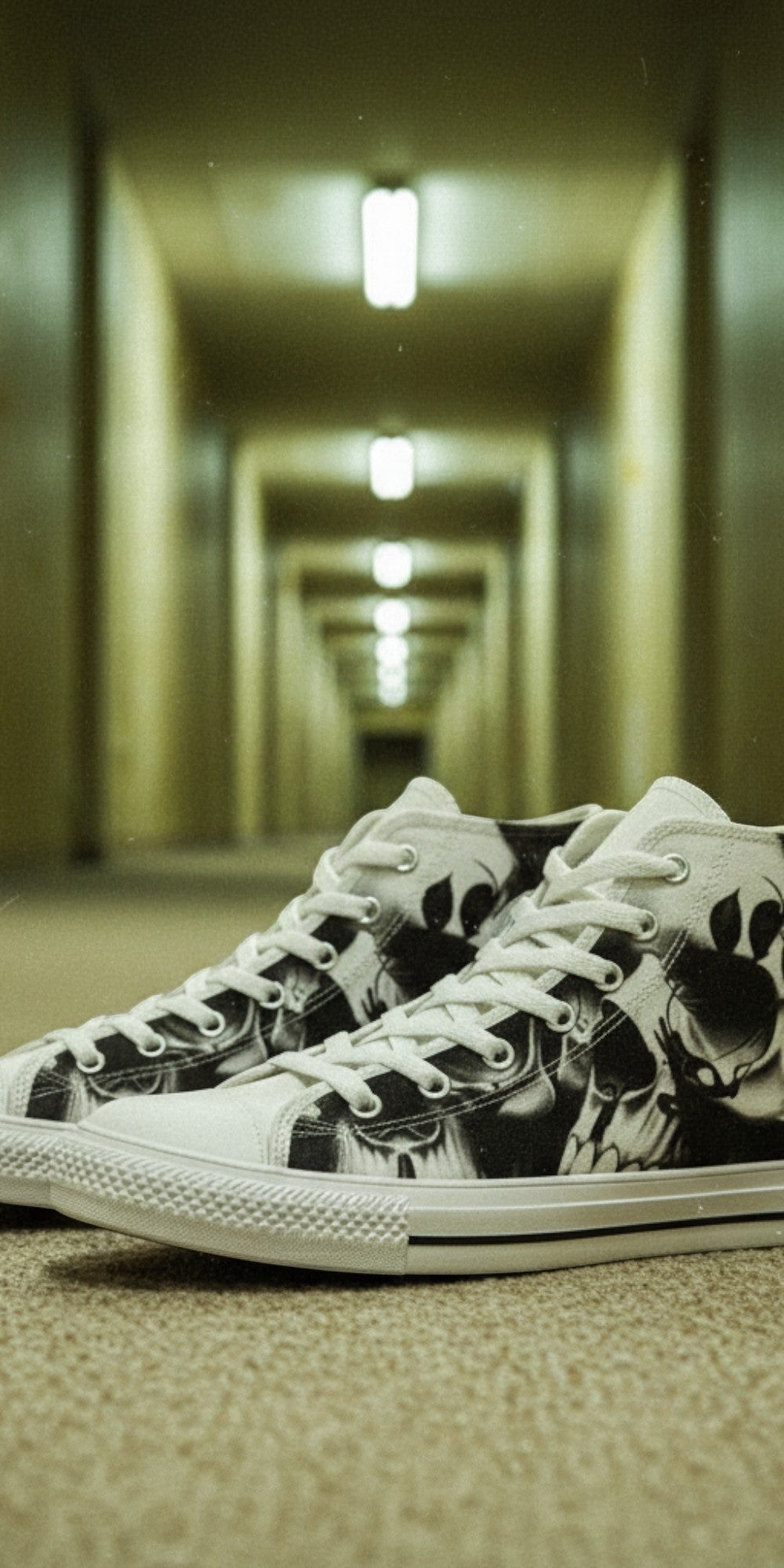 Women's Greyscale Skulls & Roses Black & White high-top canvas shoes — one-of-a-kind custom printed art, Freaky Shoes