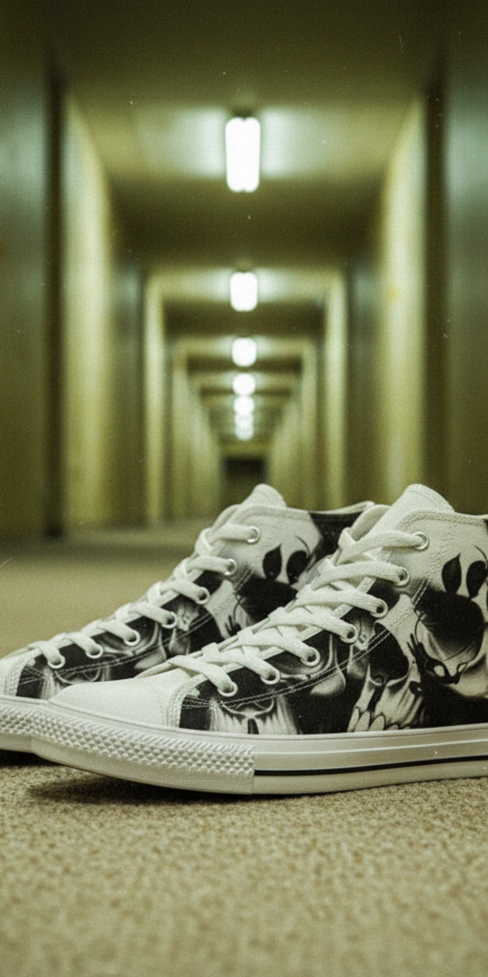 Women's Greyscale Skulls & Roses Black & White high-top canvas shoes — one-of-a-kind custom printed art, Freaky Shoes