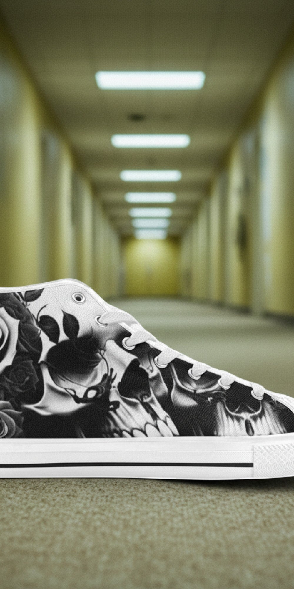 Women's Greyscale Skulls & Roses Black & White high-top canvas shoes — one-of-a-kind custom printed art, Freaky Shoes