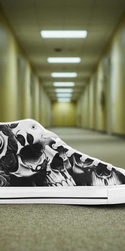 Women's Greyscale Skulls & Roses Black & White high-top canvas shoes — one-of-a-kind custom printed art, Freaky Shoes