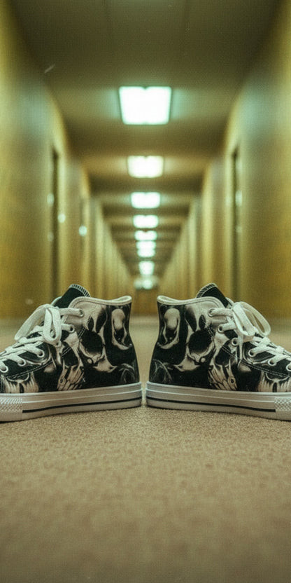 Women's Greyscale Skulls & Roses Black & White high-top canvas shoes, custom full-wrap printed design — Freaky Shoes