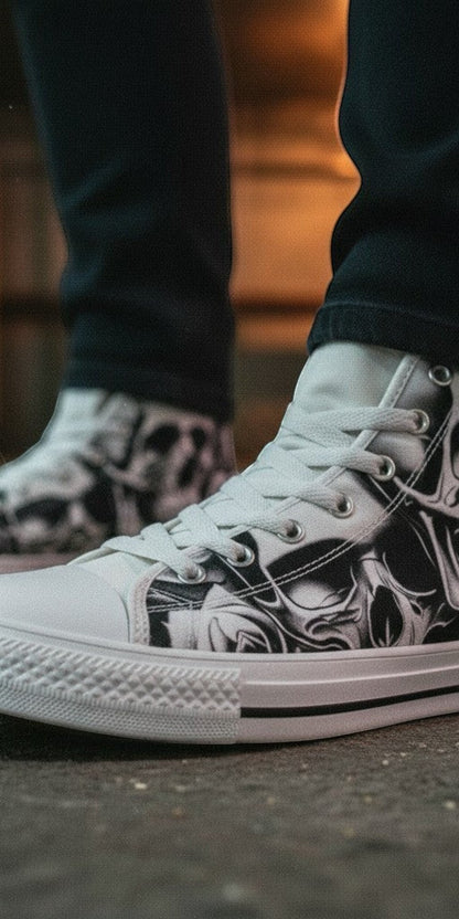 Custom Women's Cartoon Skulls & Roses high-top canvas shoes with bold all-over art — Freaky Shoes