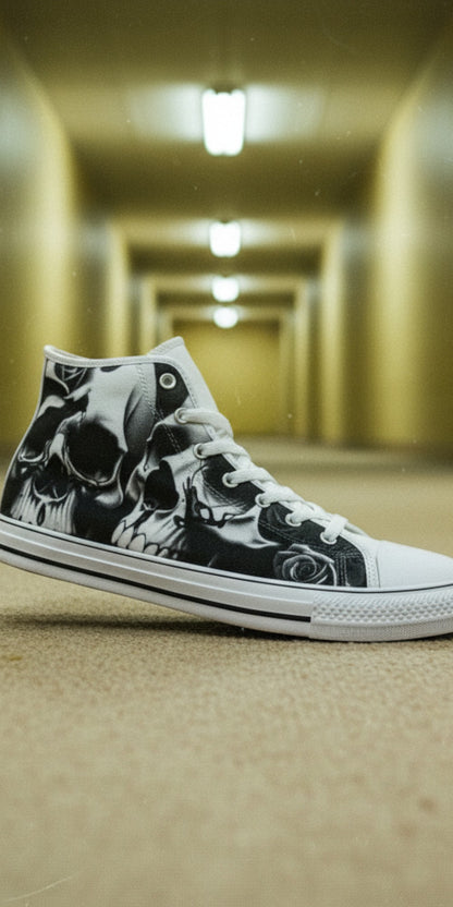 Women's Greyscale Skulls & Roses Black & White hand-made high-top canvas shoes — unique wearable art by Freaky Shoes