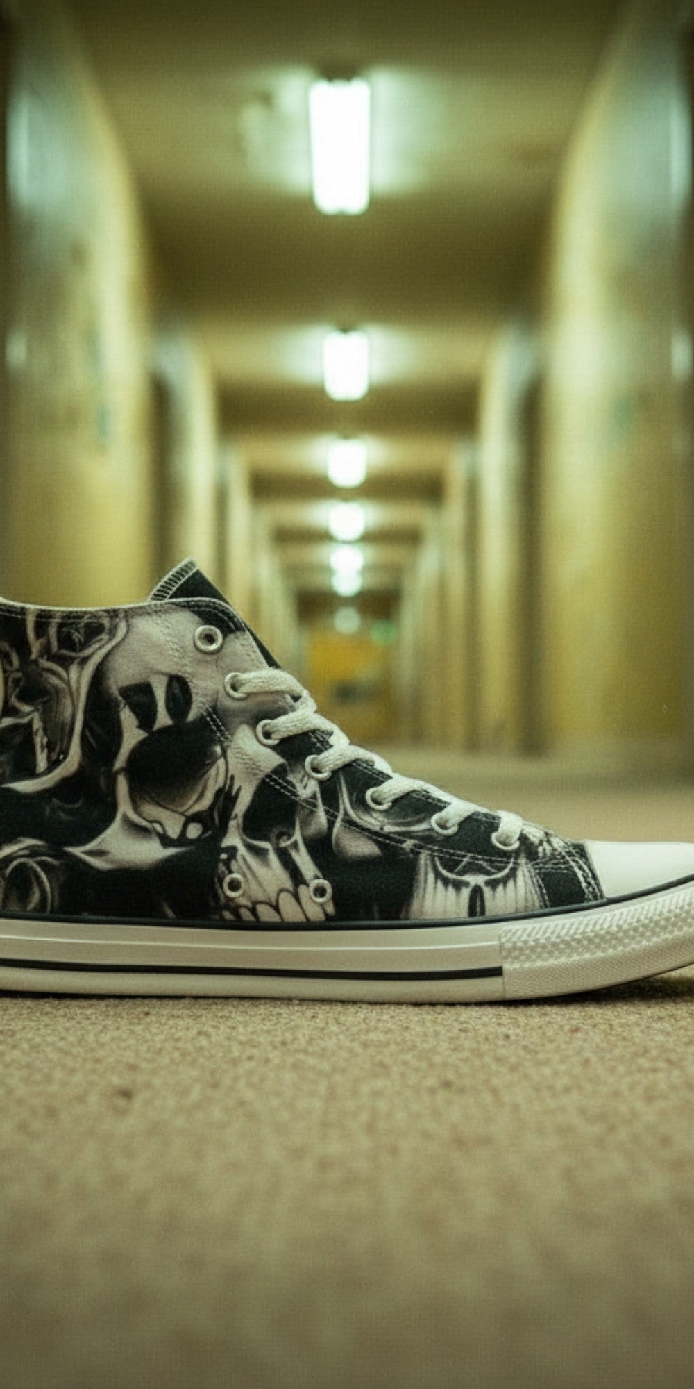 Women's Greyscale Skulls & Roses Black & White high-top canvas shoes — one-of-a-kind custom printed art, Freaky Shoes