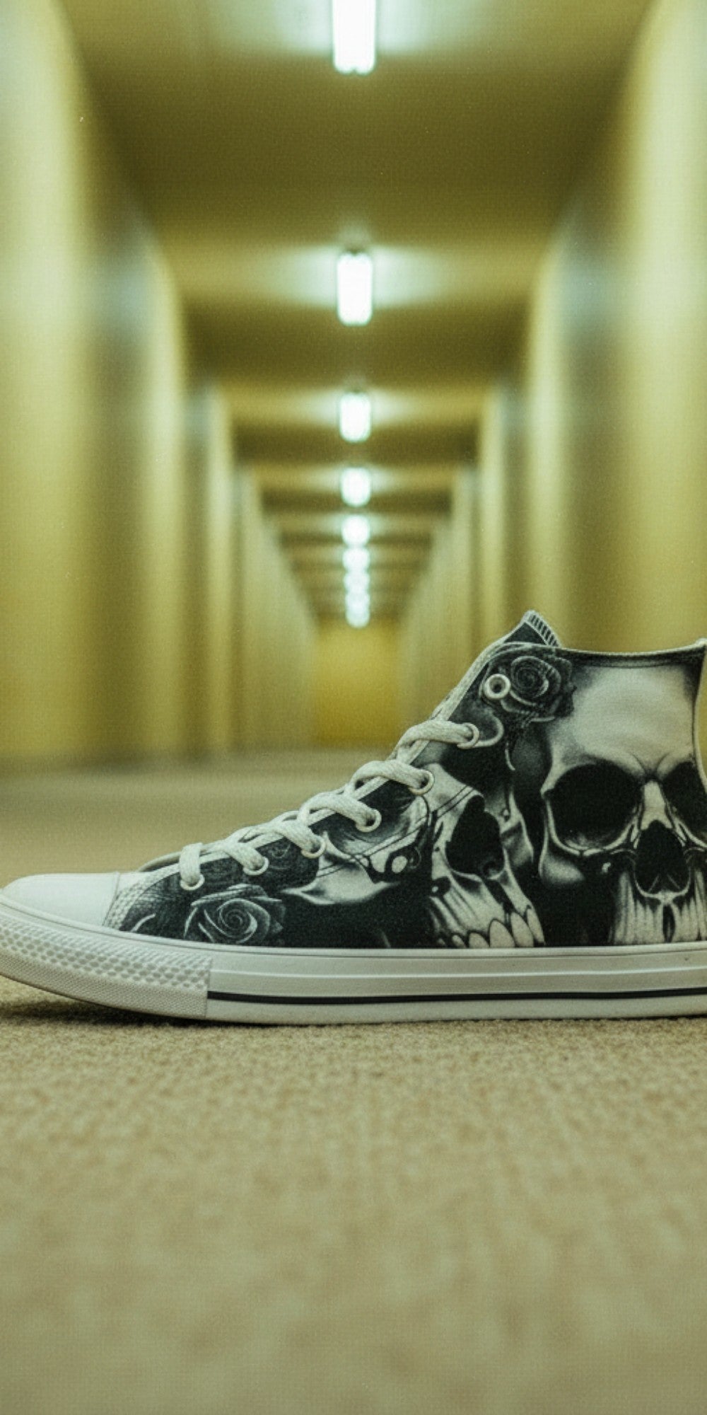 Women's Greyscale Skulls & Roses Black & White hand-made high-top canvas shoes — unique wearable art by Freaky Shoes