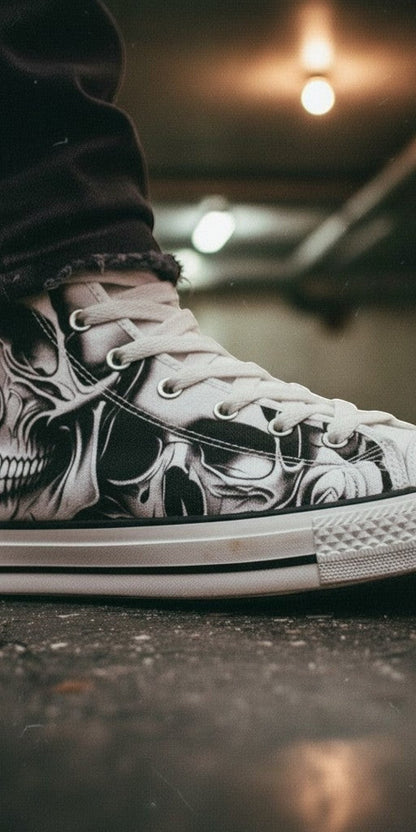 Women's Cartoon Skulls & Roses high-top canvas shoes — one-of-a-kind custom printed art, Freaky Shoes