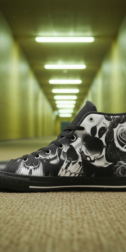 Women's Greyscale Skulls & Roses Black & White hand-made high-top canvas shoes — unique wearable art by Freaky Shoes