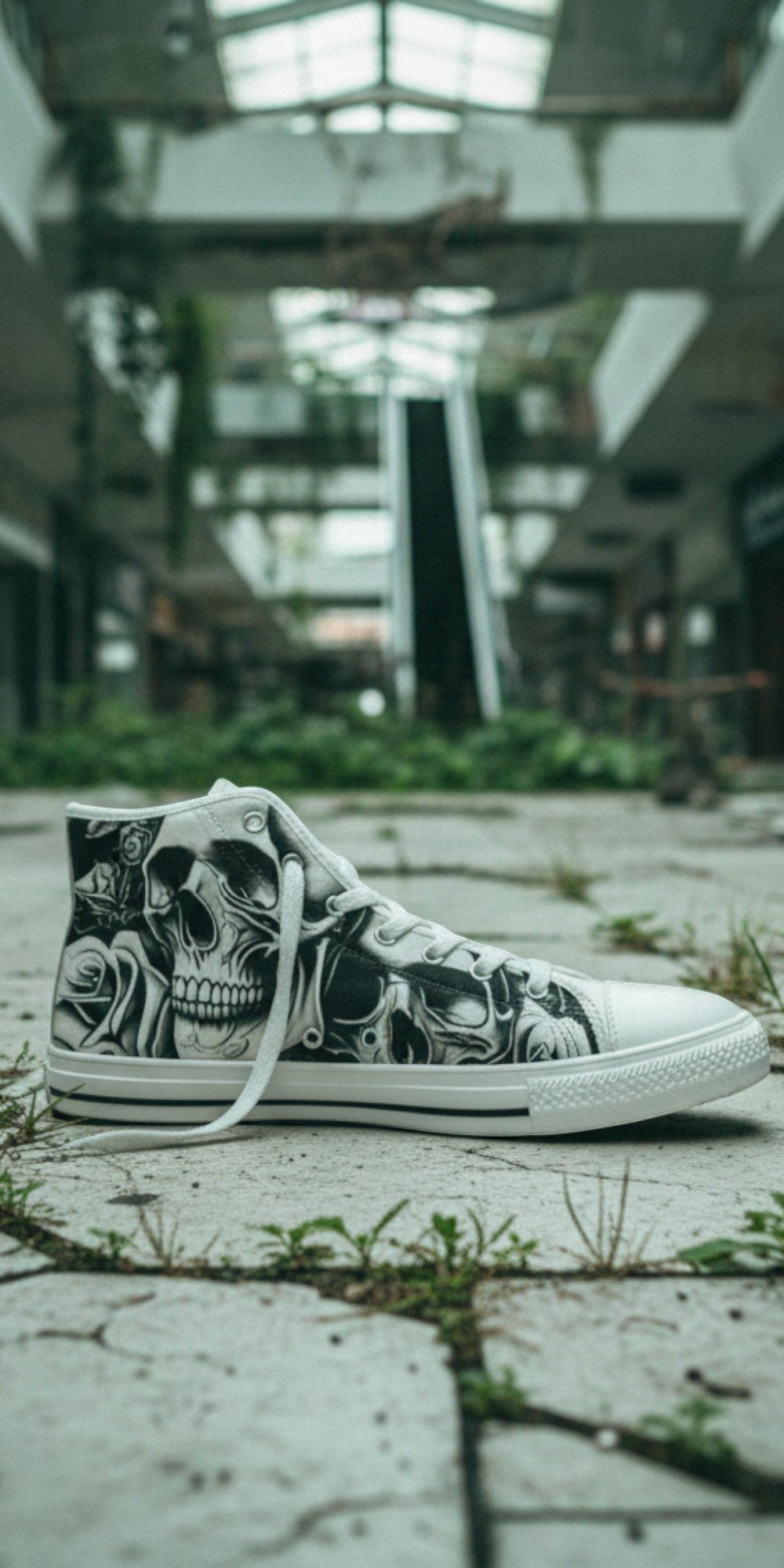 Men's Cartoon Skulls & Roses custom high-top canvas shoes — wearable art by Freaky Shoes
