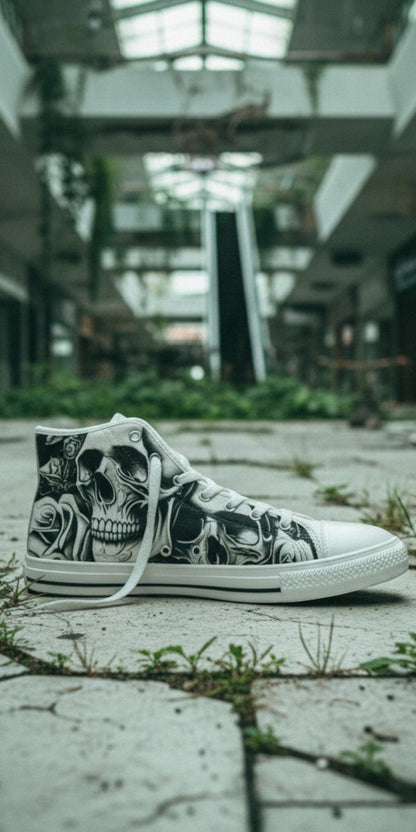 Men's Cartoon Skulls & Roses custom high-top canvas shoes — wearable art by Freaky Shoes