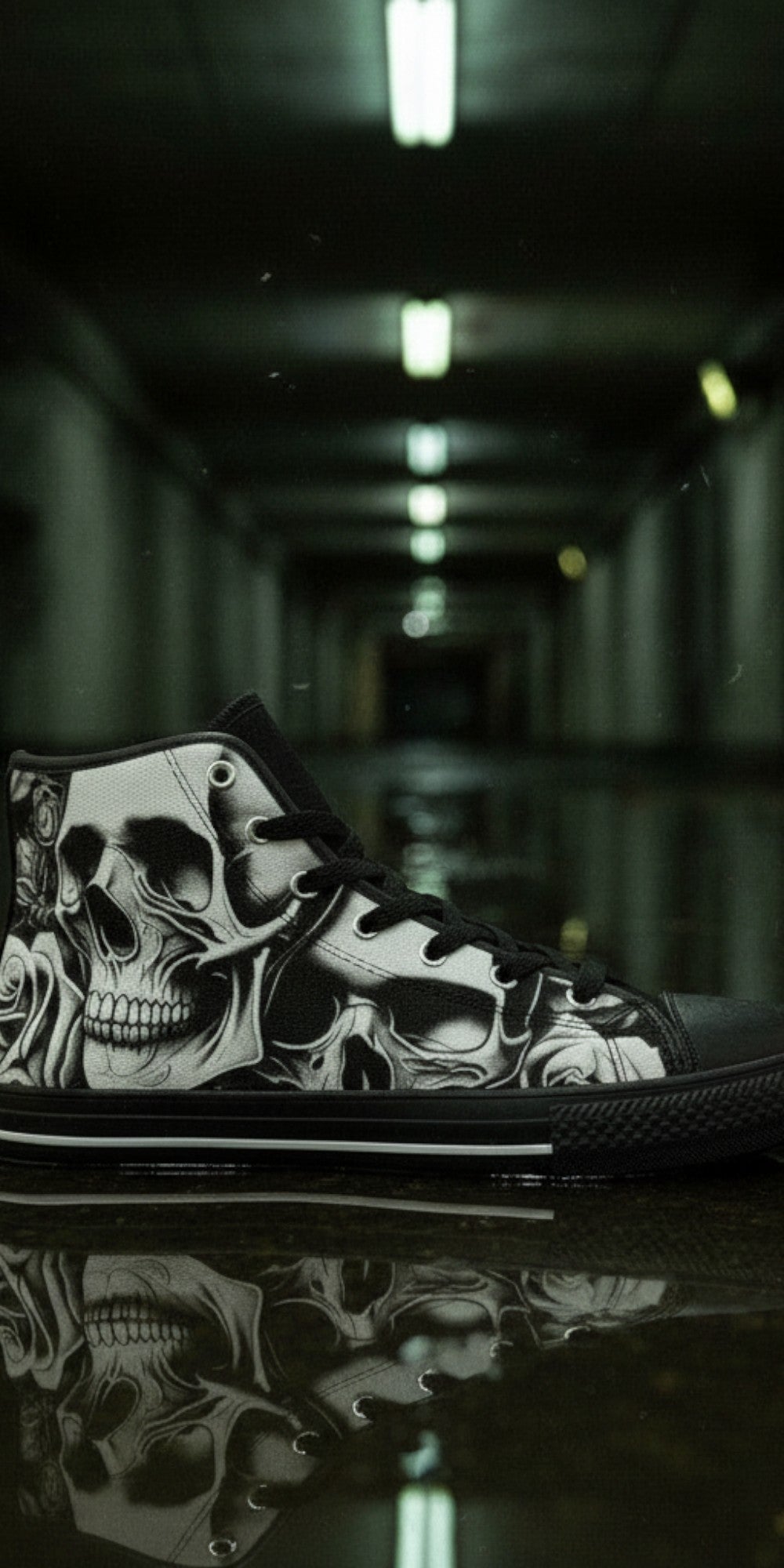 Women's Cartoon Skulls & Roses hand-made high-top canvas shoes — unique wearable art by Freaky Shoes