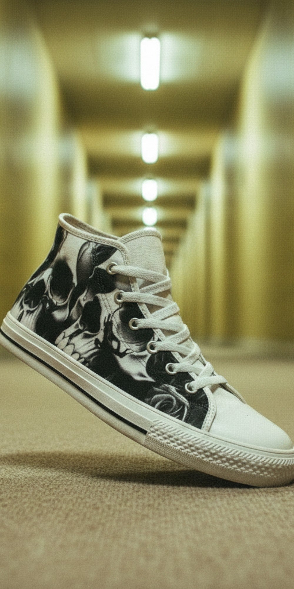 Custom Women's Greyscale Skulls & Roses Black & White high-top canvas shoes with bold all-over art — Freaky Shoes