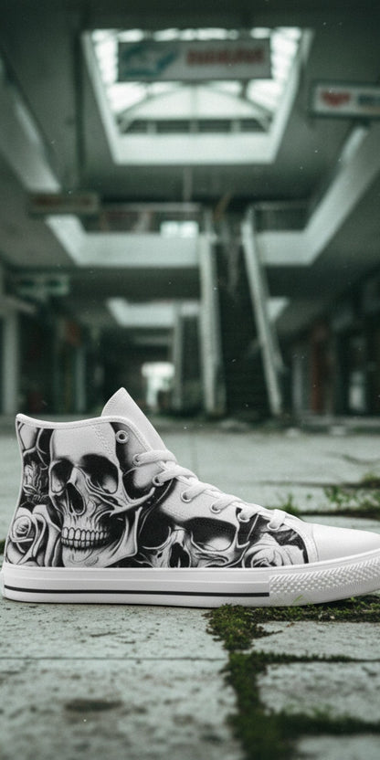Men's Cartoon Skulls & Roses hand-made high-top canvas shoes — unique wearable art by Freaky Shoes