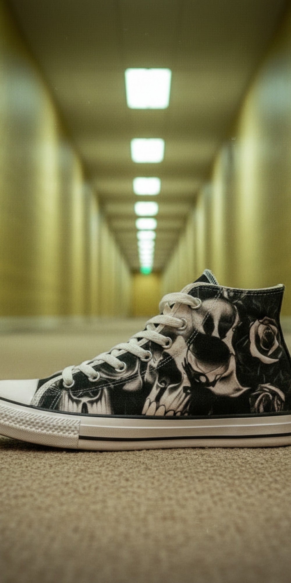 Women's Greyscale Skulls & Roses Black & White high-top canvas shoes, custom full-wrap printed design — Freaky Shoes