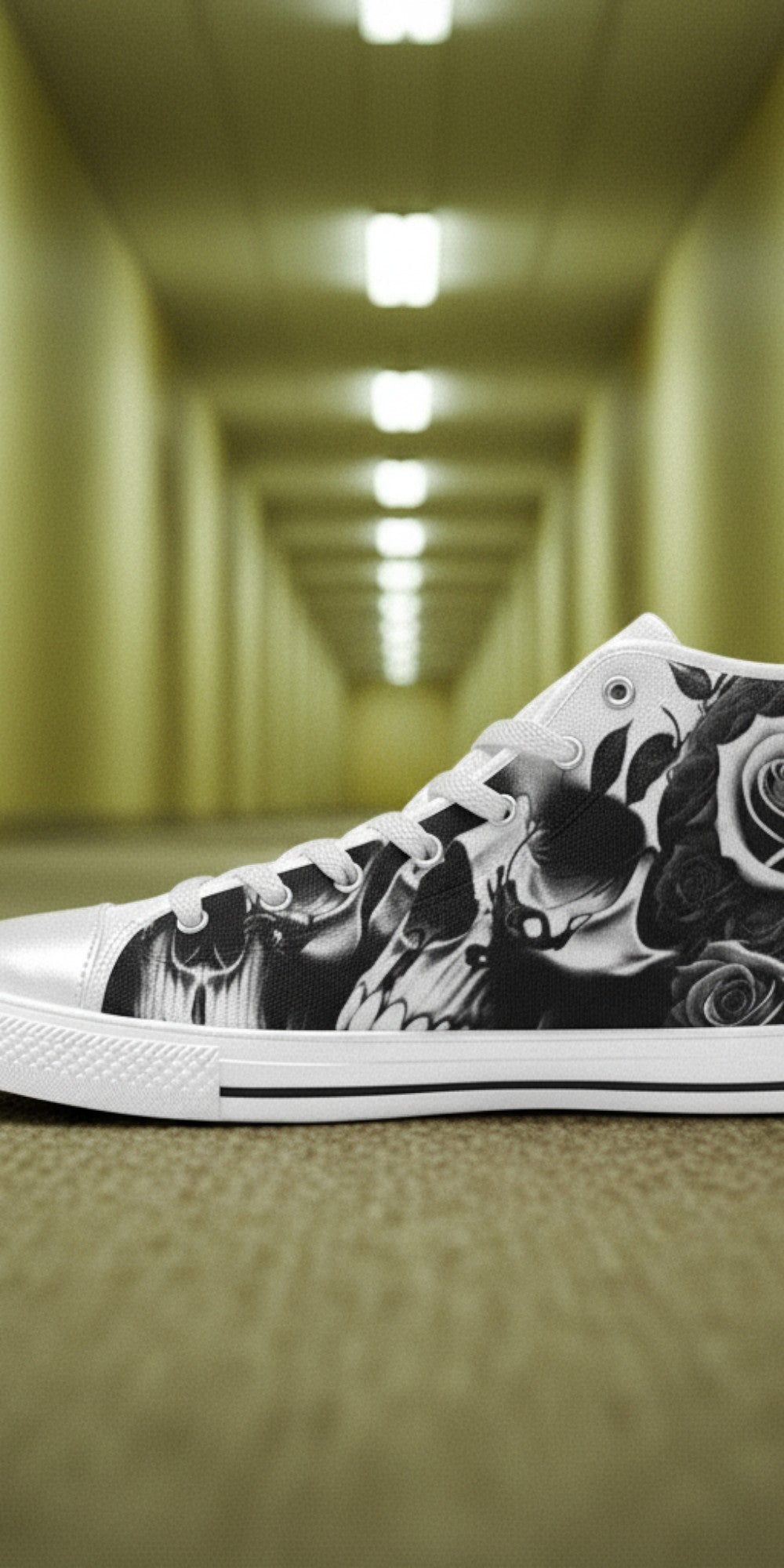 Custom Women's Greyscale Skulls & Roses Black & White high-top canvas shoes with bold all-over art — Freaky Shoes