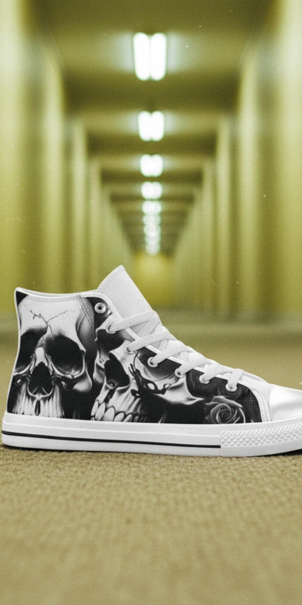 Custom Women's Greyscale Skulls & Roses Black & White high-top canvas shoes with bold all-over art — Freaky Shoes