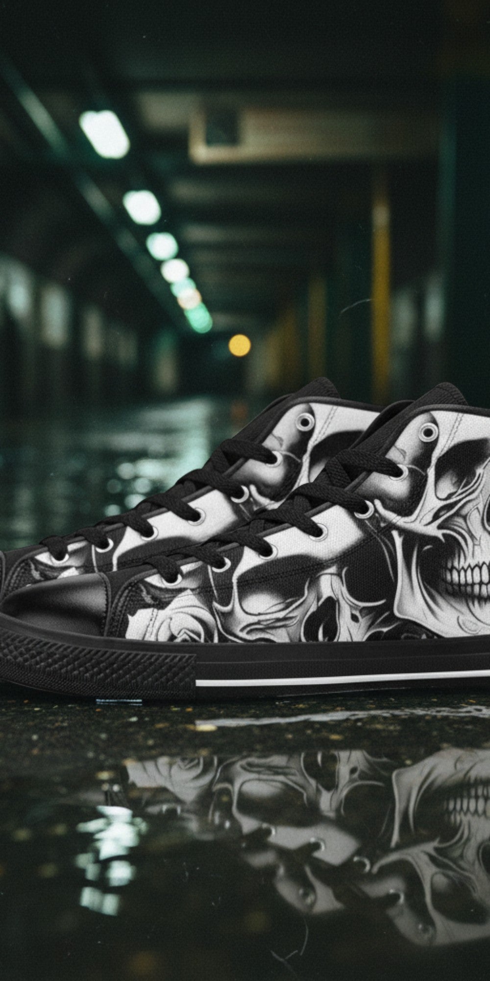 Women's Cartoon Skulls & Roses high-top canvas shoes, custom full-wrap printed design — Freaky Shoes